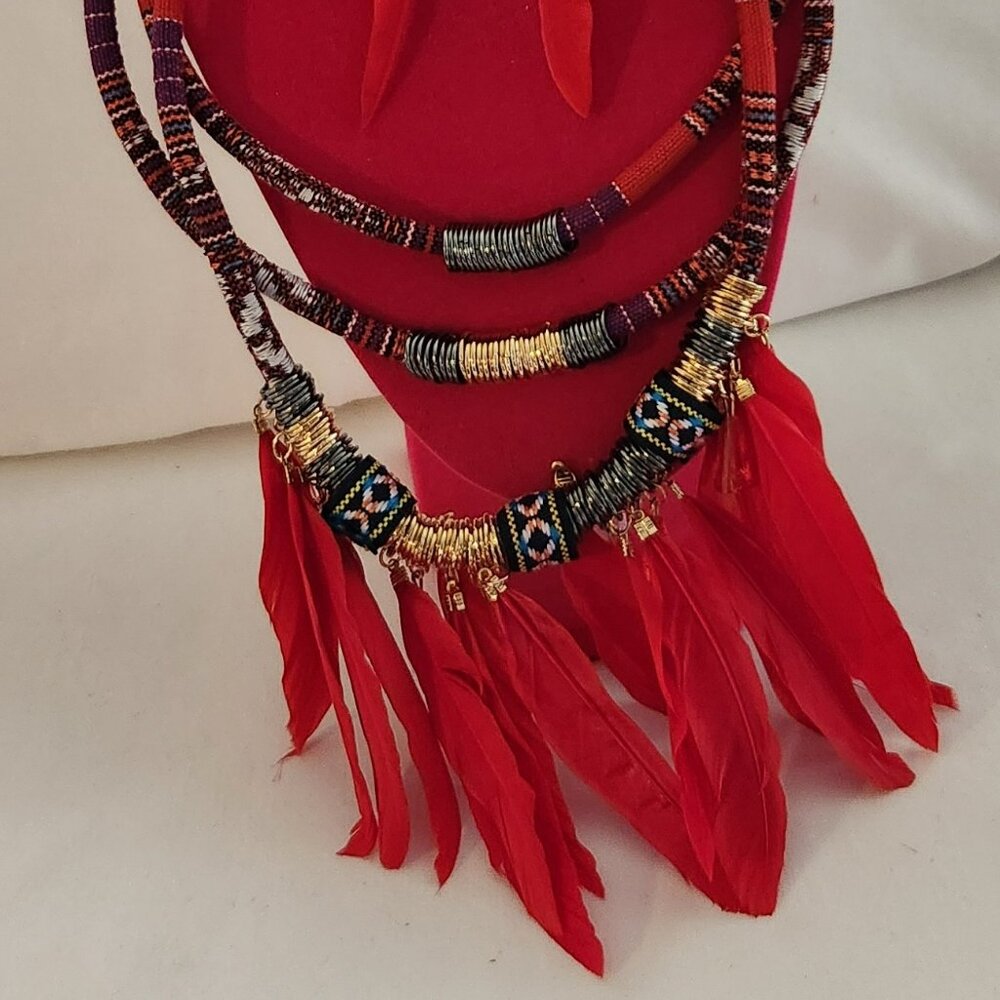 THREE FOR $20 Feather gold tone silver ornate necklace & earring set red NIP
